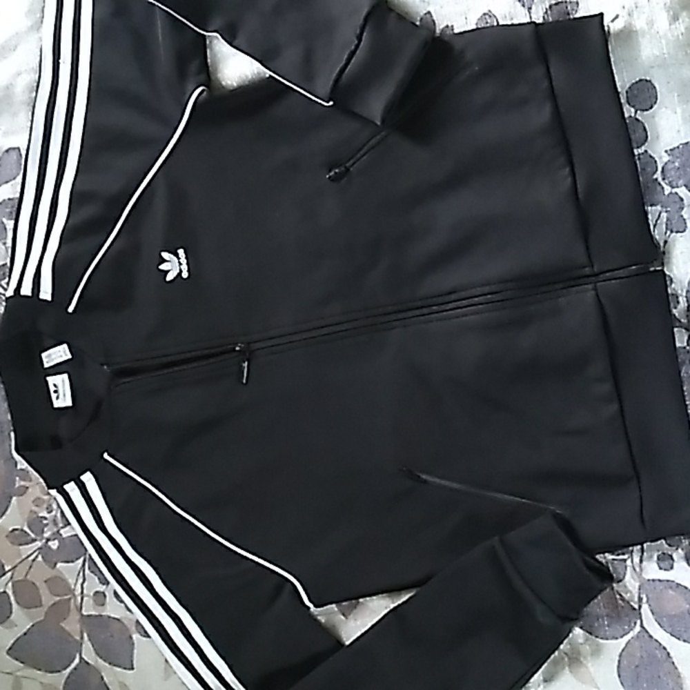 ADIDAS Zip up JACKET Black & White Arm Stripes Sz M Athletic Coat Sporty